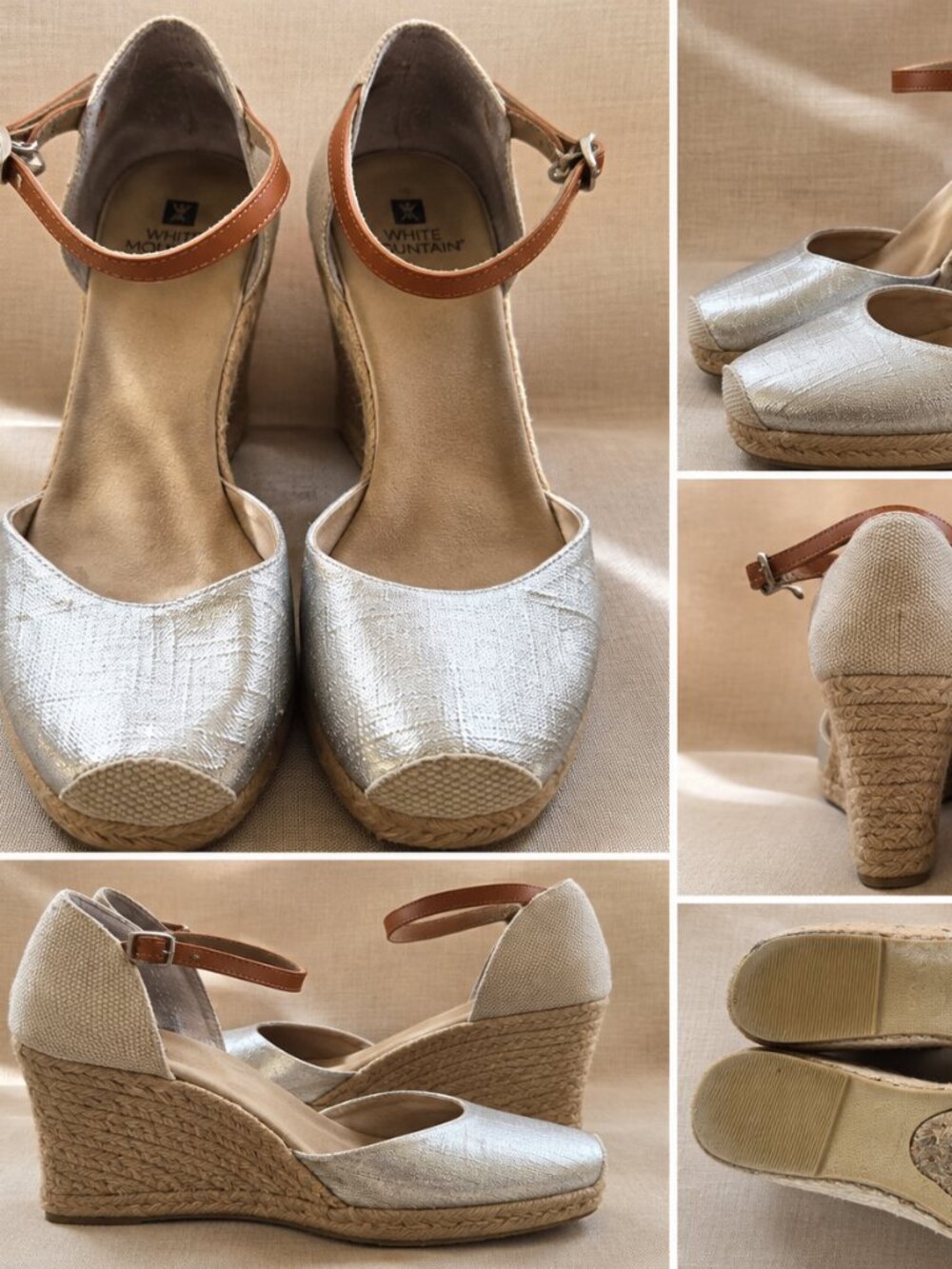 White Mountain Metallic Silver Espadrille Wedge Sandals Women's Size 11 Ankle St